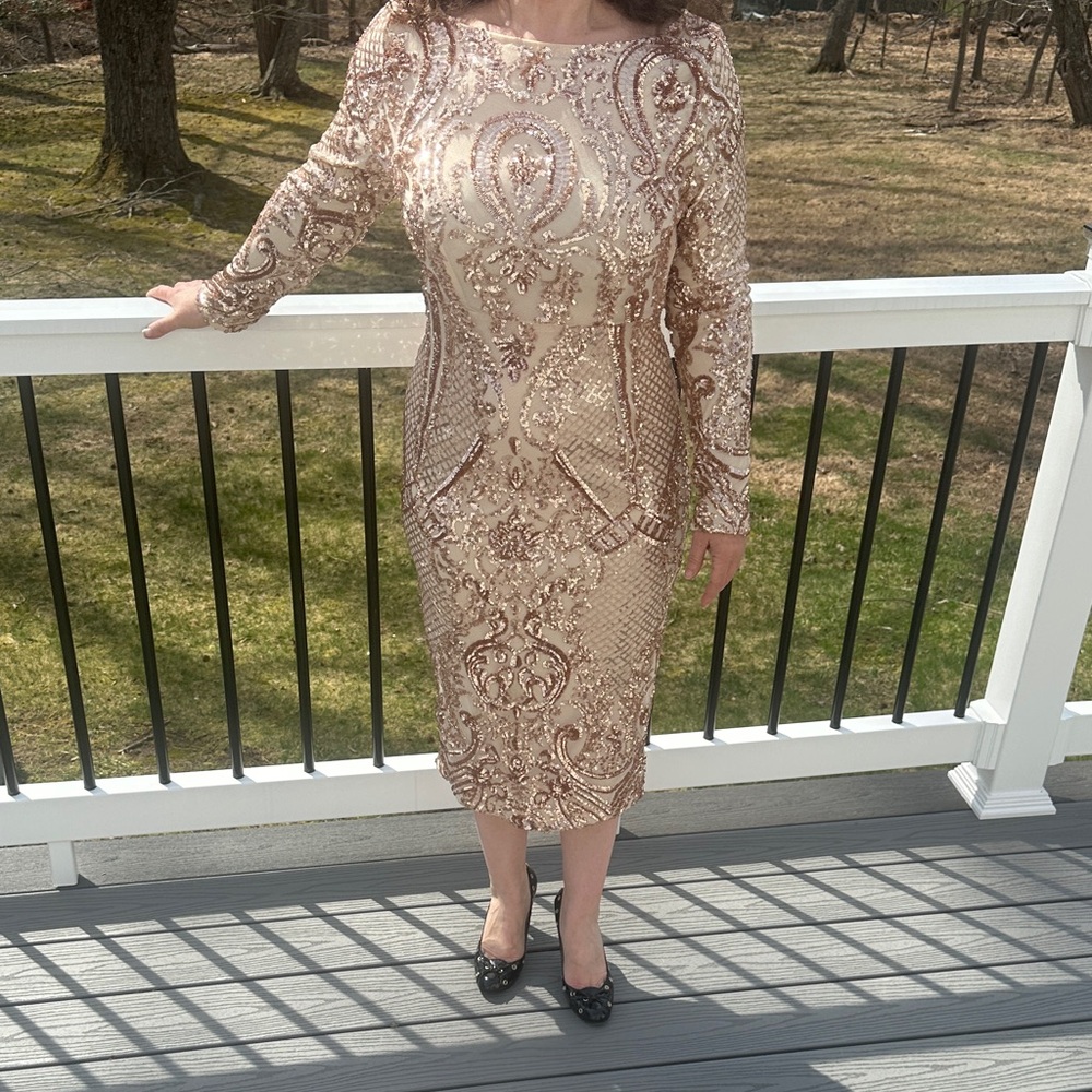 Beaded Nude Rose Gold Long Sleeve Sheath Dress